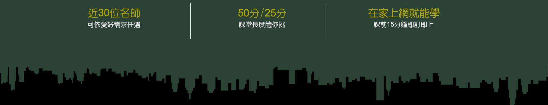 近30位名師可依愛好需求任選 50分/25分課堂長度隨你挑 在家上網就能學課前15分鐘即訂即上